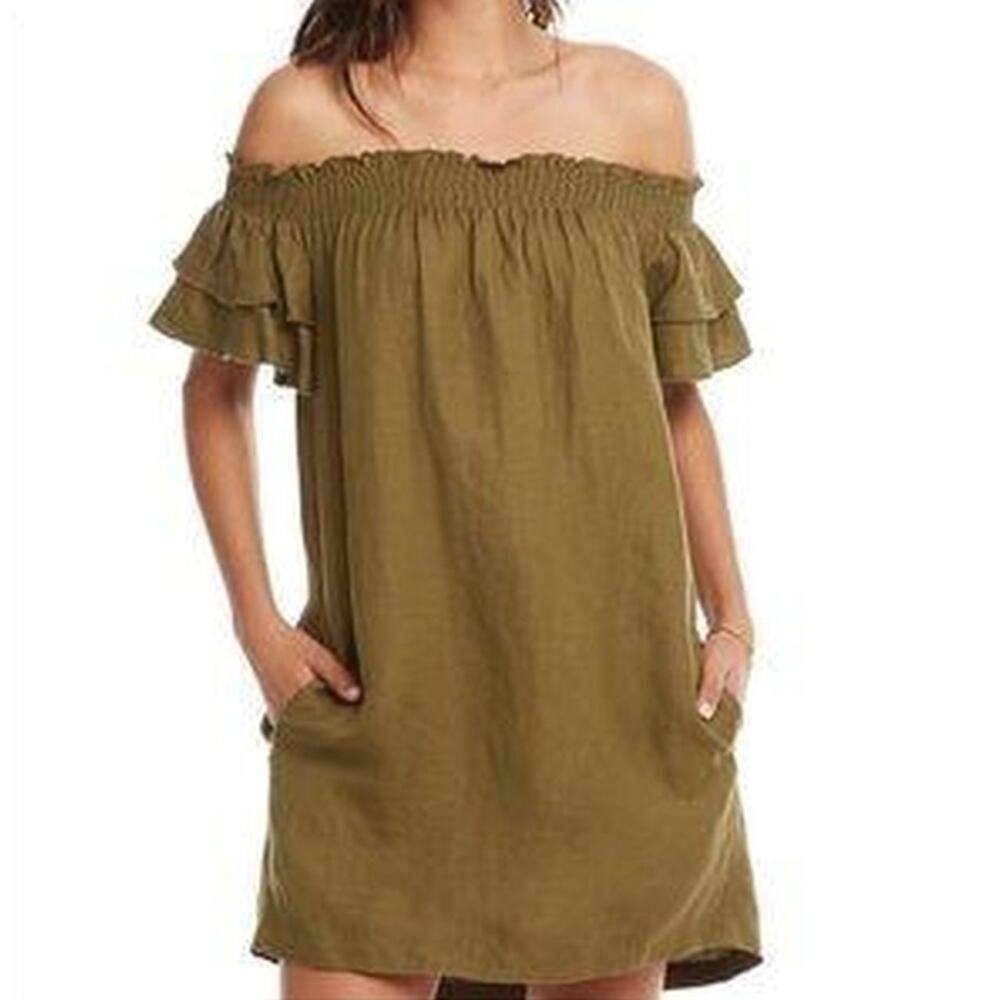 Chaser Green Off The Shoulder‎ Mini Dress Sage Green Linen Blend Women's Medium
